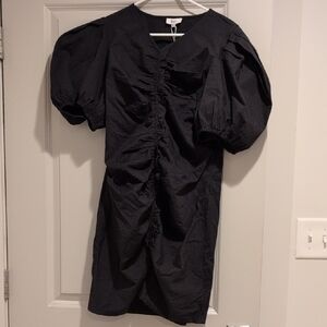 Elegant Black Midi Dress with Puff Sleeves